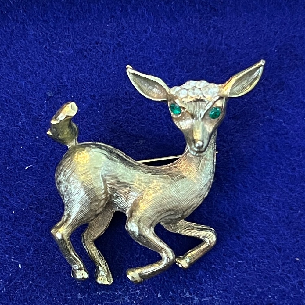 Vintage Gold Tone Dawn Deer Brooch Pin with green eyes